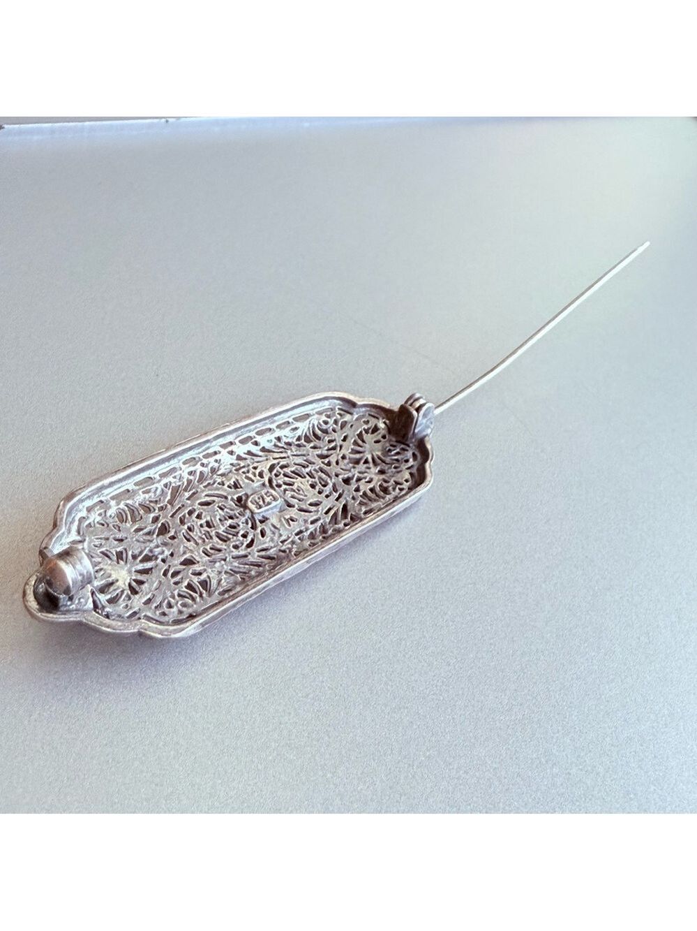 Vintage Art Deco Sterling Silver Rhinestone Filigree Pin Brooch - Picture 4 of 6